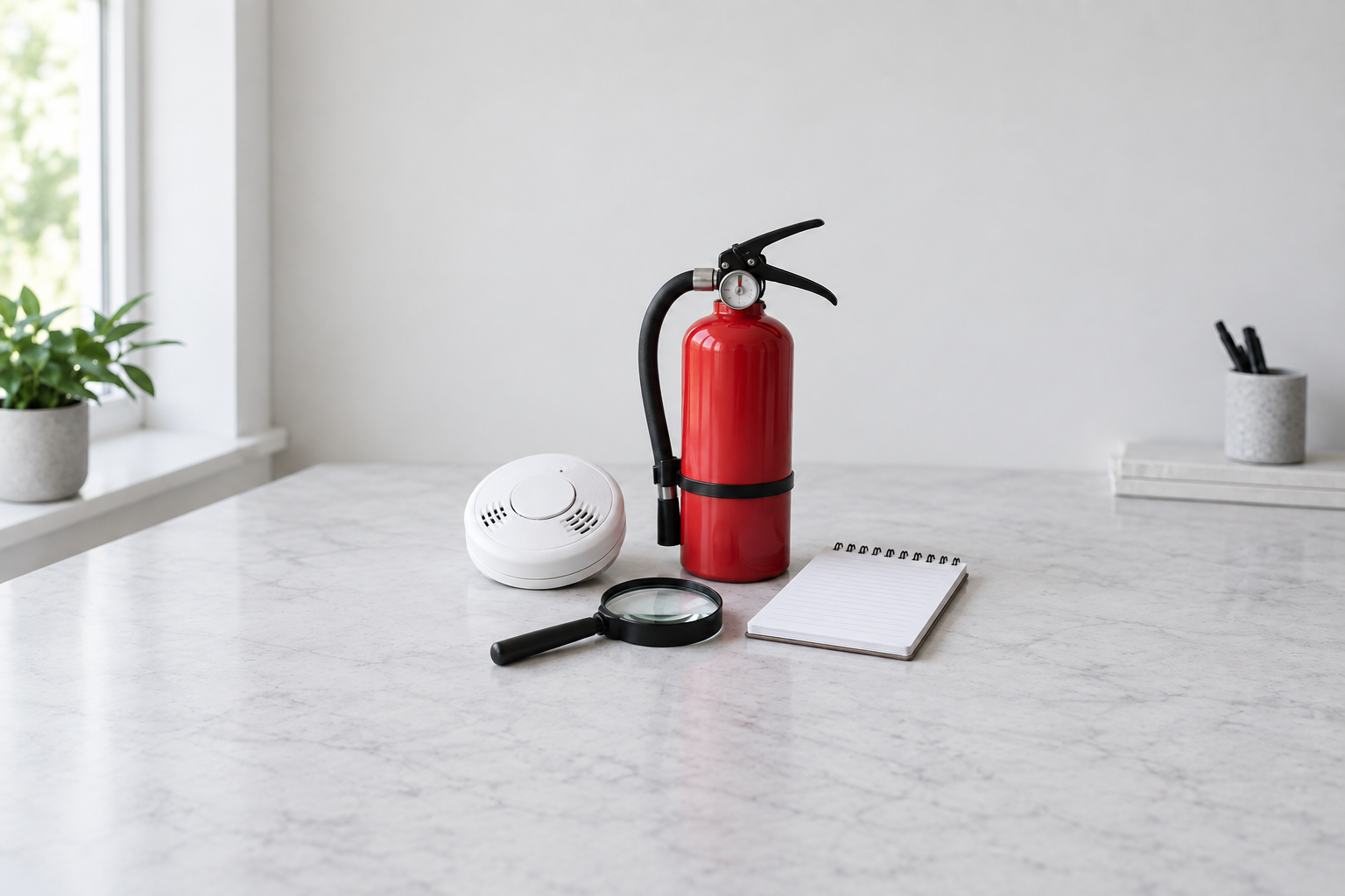 Illustration of a smoke alarm and red fire extinguisher beside a magnifying glass and inspection notebook.