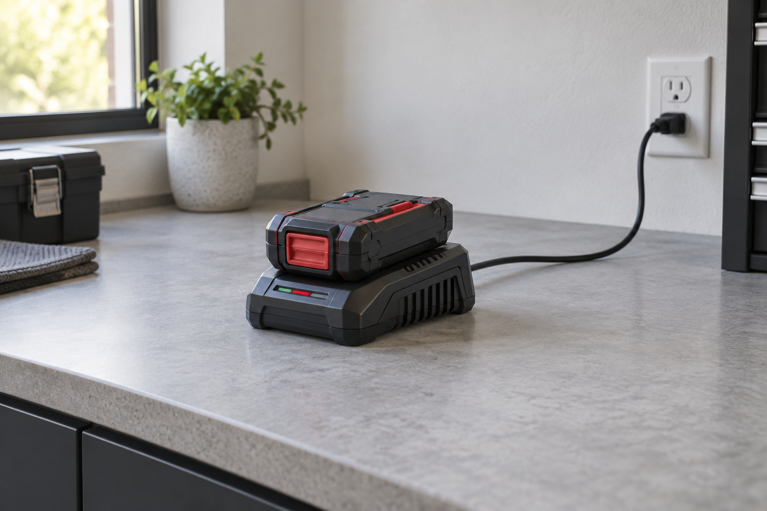 Rechargeable power-tool battery seated in its charging dock on a clear stone worktop.