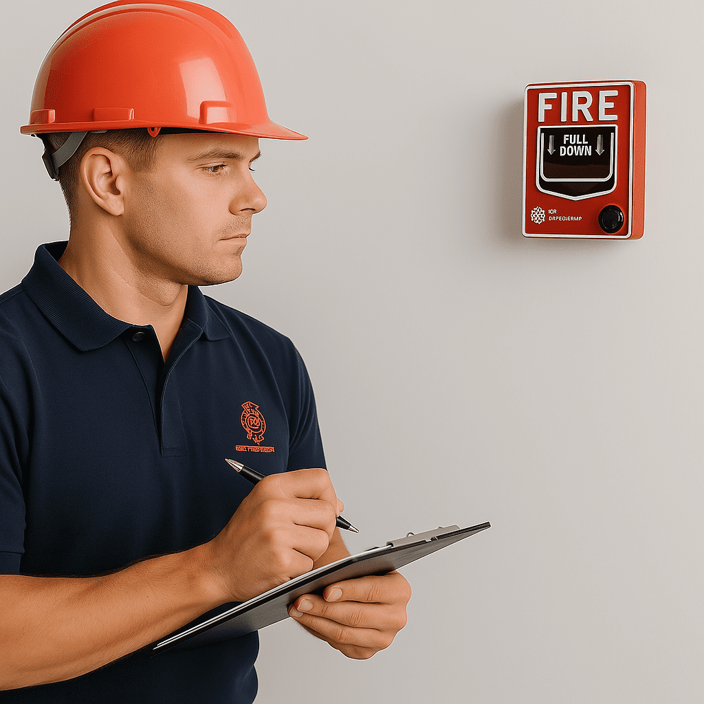 Fire prevention technician wearing a red hard hat and navy FC Fire Prevention shirt inspecting a wall-mounted fire alarm pull station with clipboard in hand.
