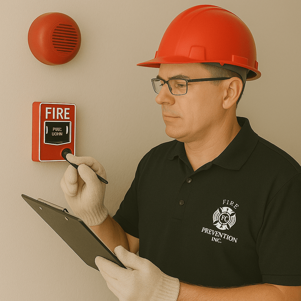 Technician testing a fire alarm pull station during a scheduled inspection, wearing a hard hat, gloves, and holding a clipboard.