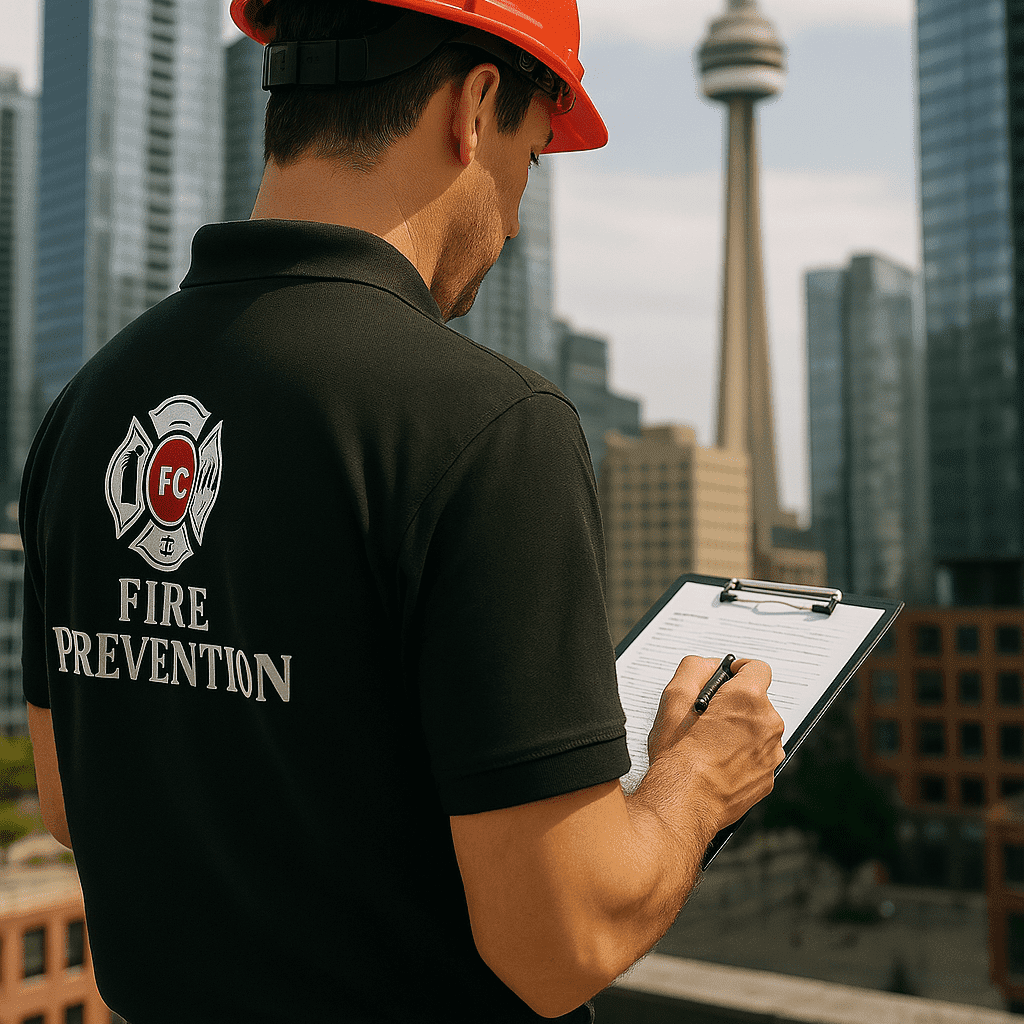 Fire prevention technician in black FC Fire Prevention uniform inspecting a building rooftop in downtown Toronto with the CN Tower in the background.