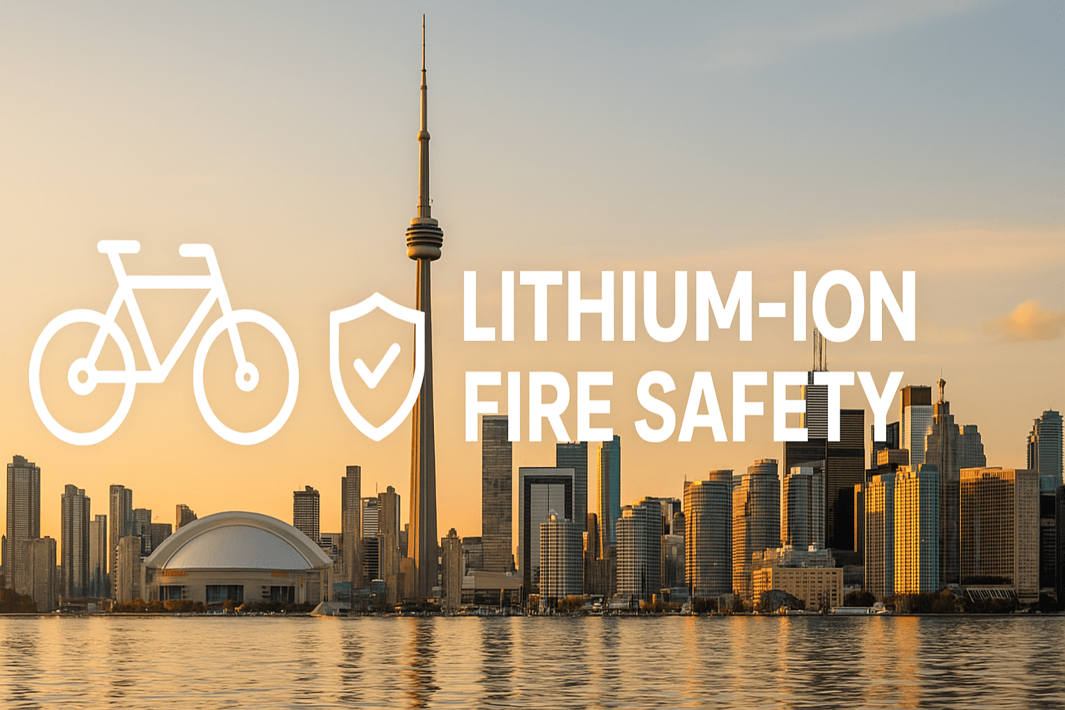 Banner showing Toronto skyline with icons of e-bikes, laptops, and batteries, emphasizing lithium-ion battery fire safety awareness for residents and property managers.