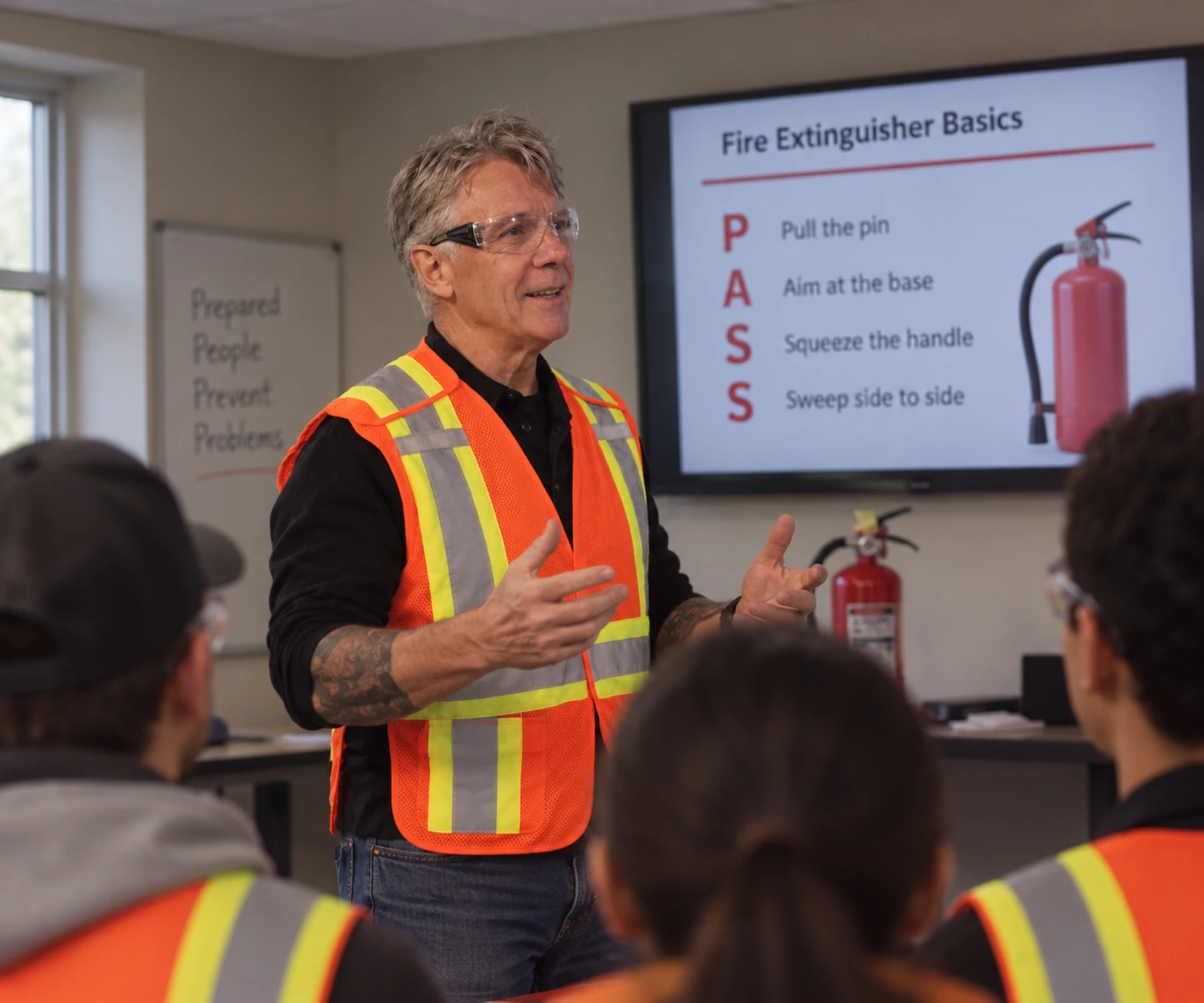 Chris Evans presenting fire extinguisher training to a group