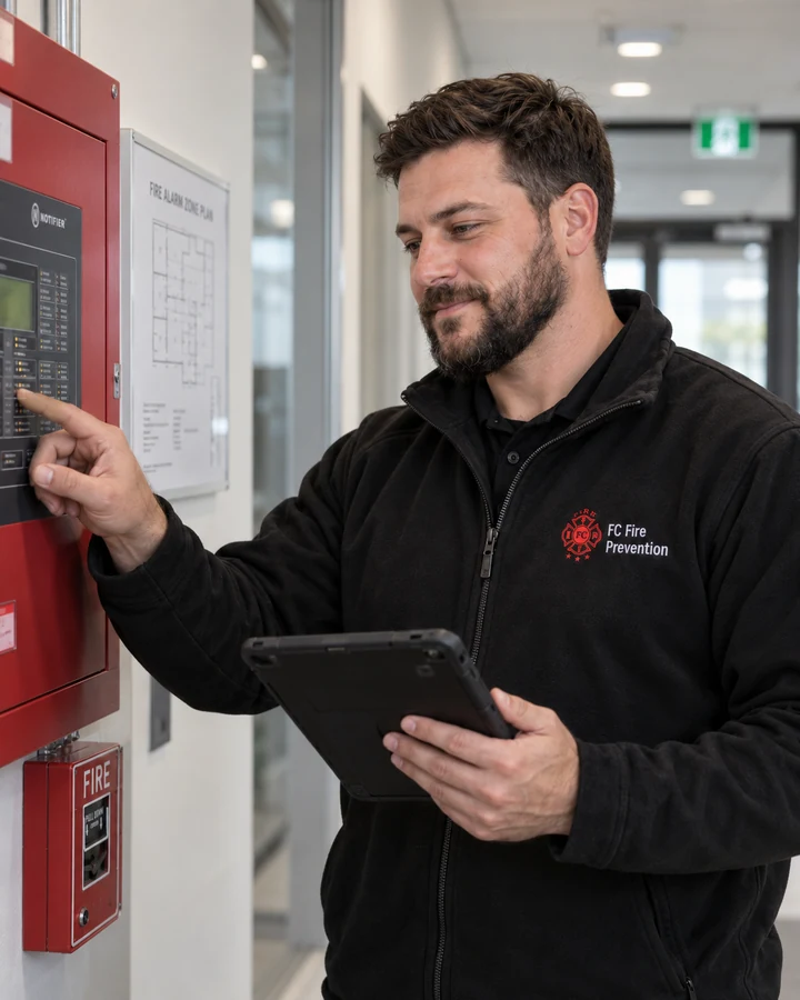 Ethan Caldwell beside a fire alarm control panel holding a tablet.