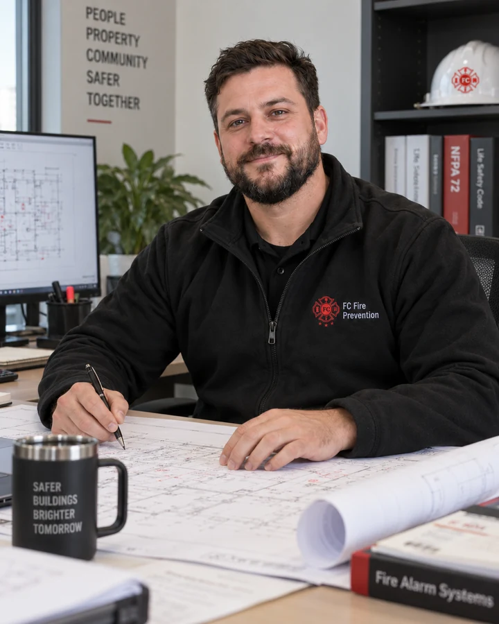 Ethan Caldwell seated at a desk with building plans.