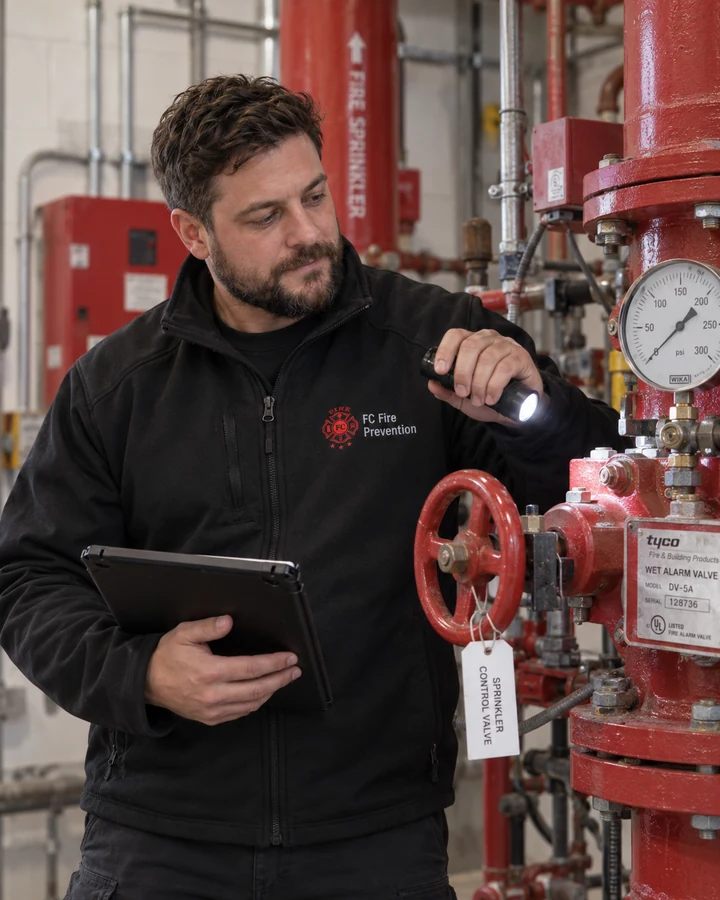 Ethan Caldwell beside sprinkler pipework with a flashlight and tablet.