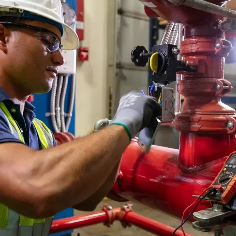 A worker examining equipment on red sprinkler pipework.