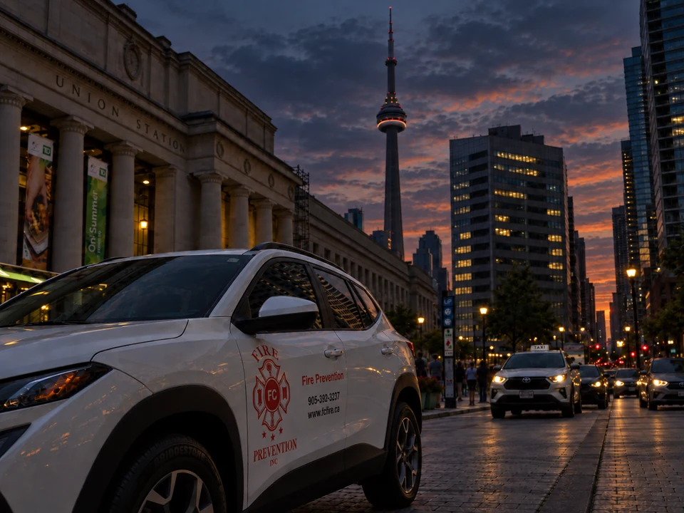 FC Fire Prevention-branded SUV near Union Station and the CN Tower at sunset.