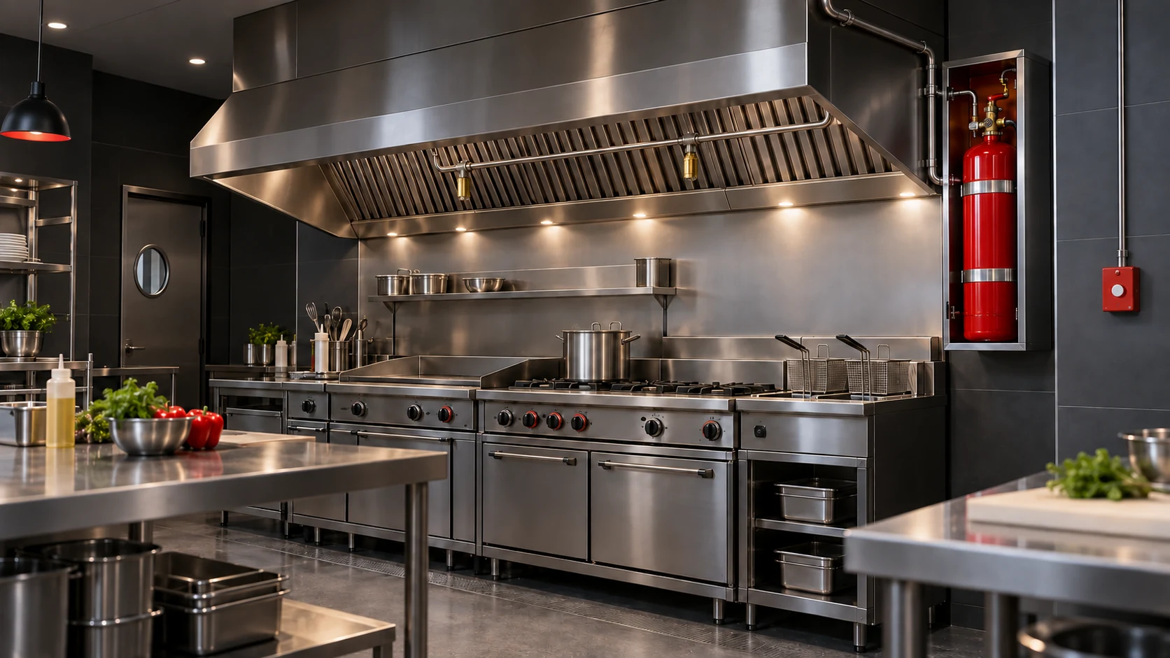 Illustrative commercial kitchen with a suppression cylinder, hood nozzles and cooking line; not an FC Fire project photograph.