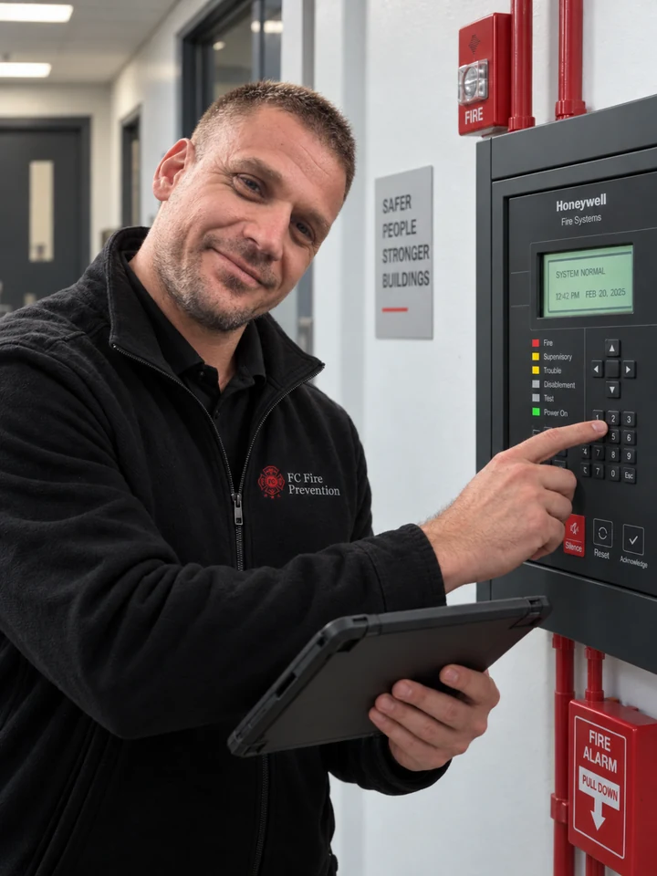 Paul Christofi beside a fire alarm control panel holding a tablet.