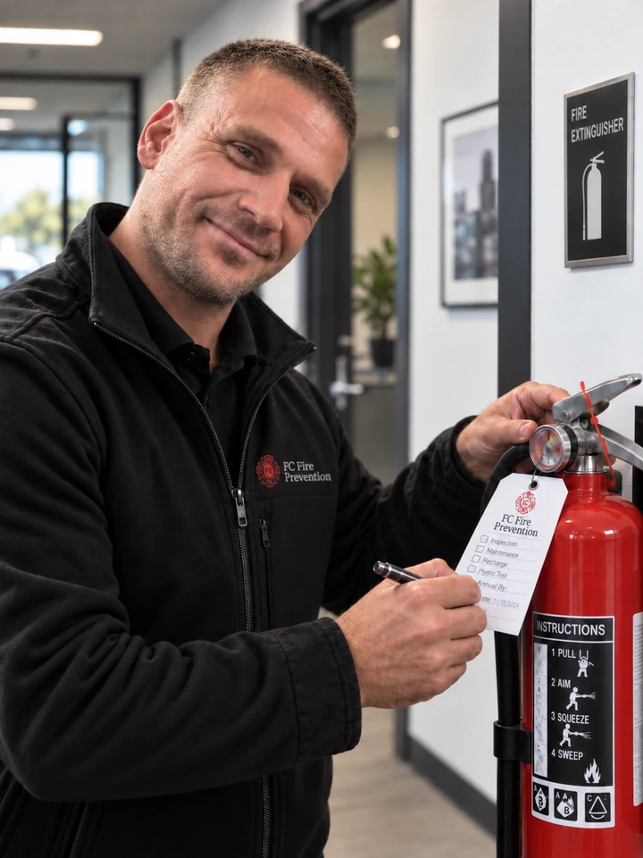 Paul Christofi with a portable fire extinguisher and service tag.