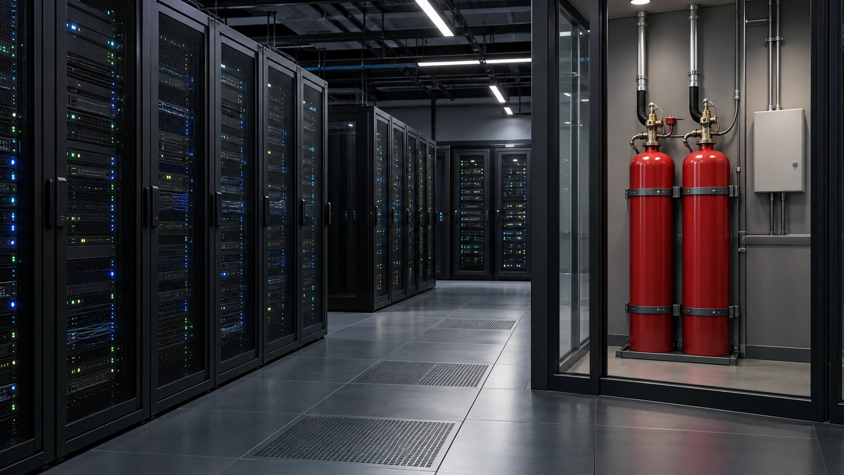 Illustrative server room with generic suppression cylinders and controls; no particular agent, manufacturer or FC Fire project is depicted.